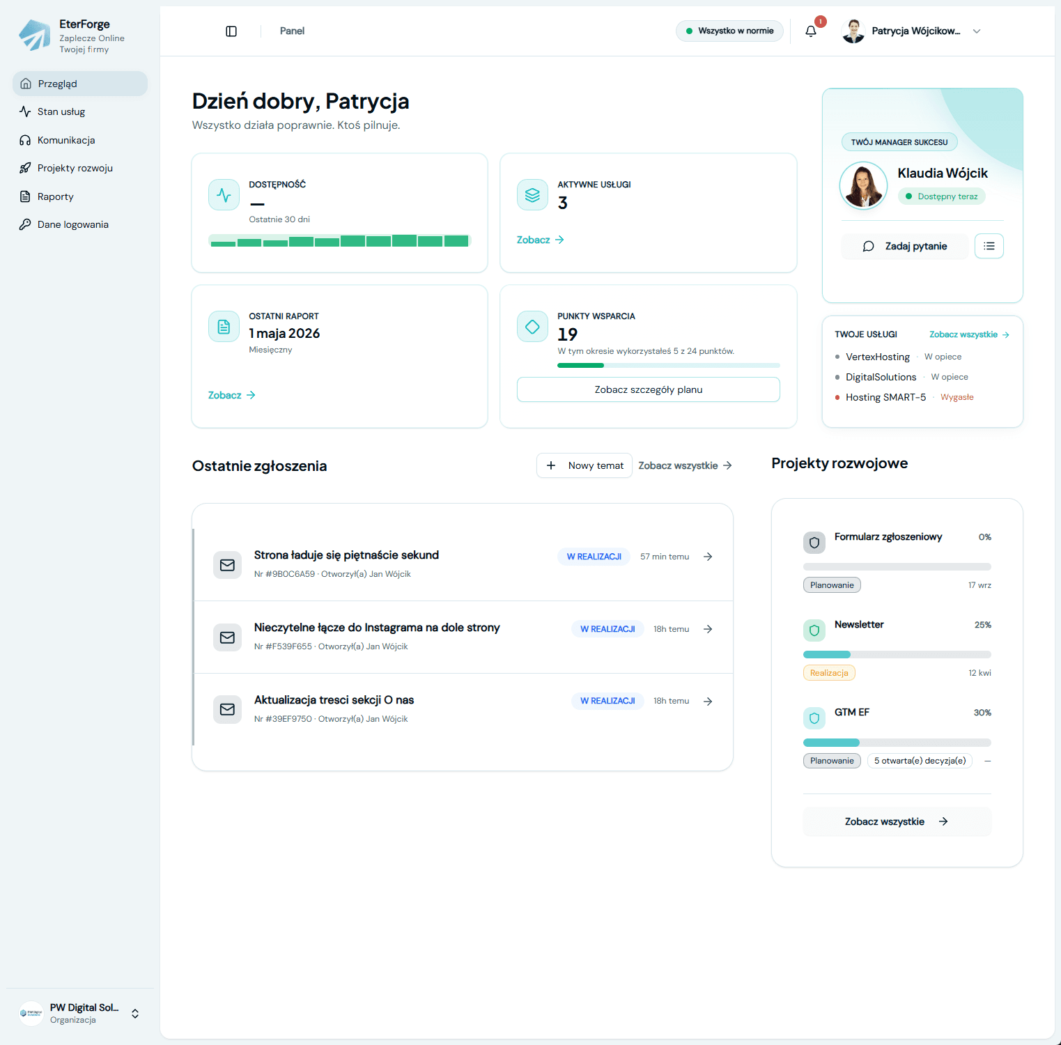 Panel EterForge — przegląd dostępności, usług, raportów i zgłoszeń